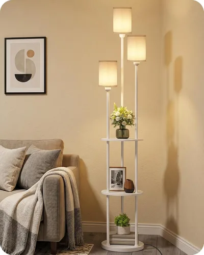 Vista 18 de Lámpara de pie con estantes, moderna lámpara de pie con 3 pantallas de lino e interruptor de pie, lámpara de pie de 3 luces, para sala de estar