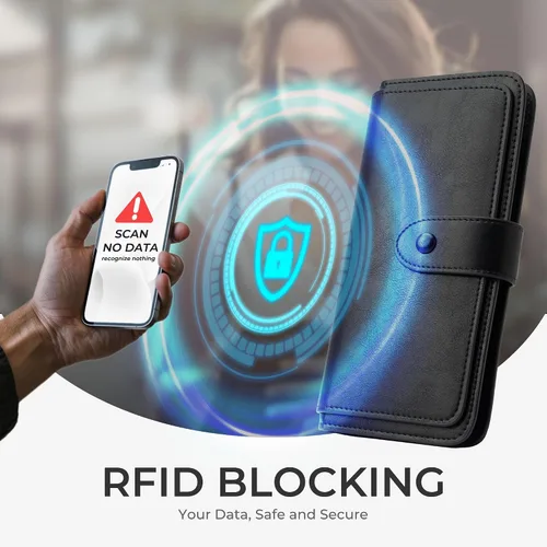 Vista 3 de Cartera de cuero con bloqueo RFID para mujeres, diseño delgado de triple pliegue con 14 ranuras para tarjetas y bolsillo con cremallera, Negro