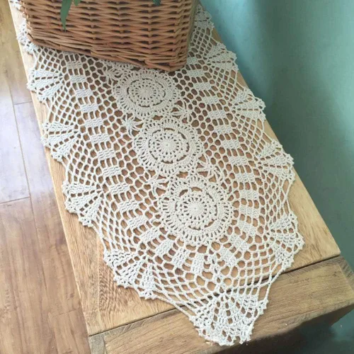 Vista 3 de Hetao Mantel oblongo, 100% algodón, hecho a mano, 12 x 27 pulgadas, color beige