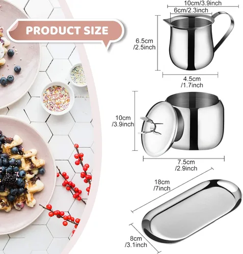 Vista 3 de Juego de crema y azucarero de acero inoxidable, taza de leche con leche, jarra de crema y azucarero con tapa, bandeja para cuchara para café, juego