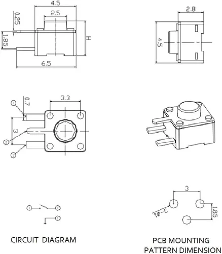Vista 2 de Interruptor táctil de 0.177 x 0.177 x 0.150 in, 3 pines, interruptor de botón pulsador, actuador lateral, orificio pasante, interruptor micro táctil
