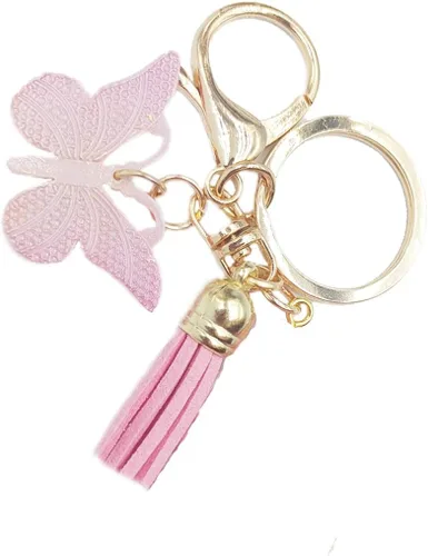 Vista 3 de Llavero de la letra A-Z con borla rosa mariposa llavero para mujeres niñas mochila bolsos colgante