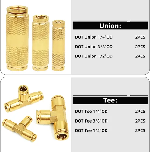 Vista 5 de Kit de surtido de 36 piezas de accesorios de línea de freno de aire DOT de latón 1/4" 3/8" 1/2", accesorios de conexión de empuje para reparación