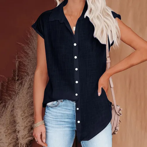 Vista 71 de Ceboyel Camisas para mujer de moda de verano, algodón, lino, manga corta, cuello con botones, blusa casual para mujer 2023