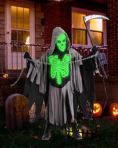 Vista 5 de Disfraz de parca de Halloween para niños, disfraz de esqueleto blanco oscuro con accesorios para cosplay de la parca de calavera