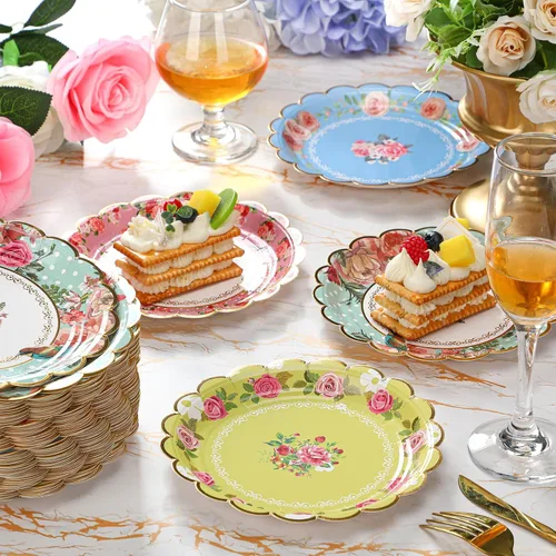 Vista 5 de Suclain 100 platos de papel para fiesta de té de flores de 7 pulgadas, platos de papel floral vintage para invitados, cenas, fiestas de té, bodas