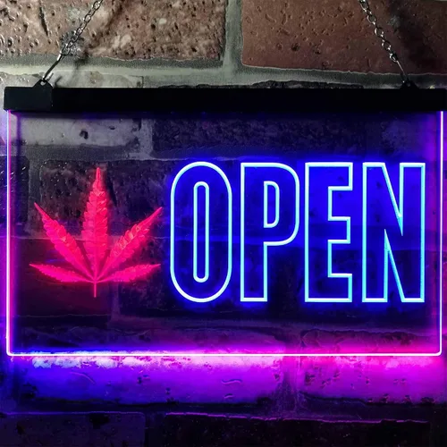 Vista 2 de ADVPRO Open Marijuana Hemp Leaf High Life Dual Color LED Neon Sign Blue & Red 12" x 8.5" st6s32-j0791-br