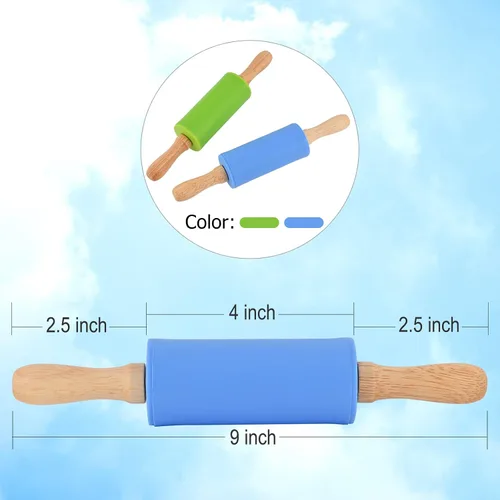 Vista 3 de Mini rodillo de silicona para niños, mango de madera antiadherente, 9 pulgadas, 1 paquete, color azul