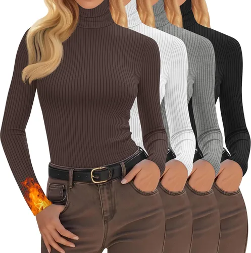 Vista 8 de Oakgarden Paquete de 4 camisetas térmicas de cuello alto para mujer, de manga larga, acanaladas, de algodón, ajustadas, capa base, ropa