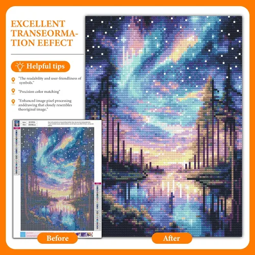 Vista 2 de Kits de pintura de diamantes de cielo estrellado Offito para adultos, kits de pintura de diamantes 5D Aurora Lake para principiantes, fantásticos