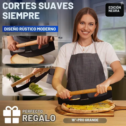 Vista 2 de KitchenStar Cuchilla de corte de pizza de 16 pulgadas, cuchillo cortador de acero inoxidable afilado, elegante mango de madera de haya, cubierta
