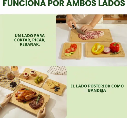 Vista 3 de BAMBANG Juego de tablas de cortar de bambú, tablas de cortar de madera de 3 piezas para cocina, bloque de carnicero no tóxico con ranura para jugo