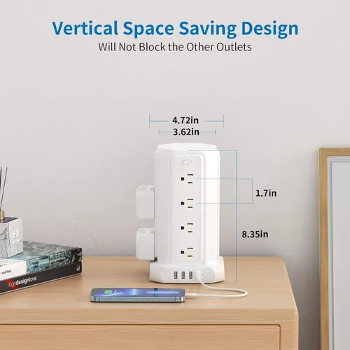 Vista 7 de Torre de regleta de alimentación de cable de extensión de 10 pies, 16 tomas amplias de 1875 W, 15 A, protector de sobretensiones de enchufe plano