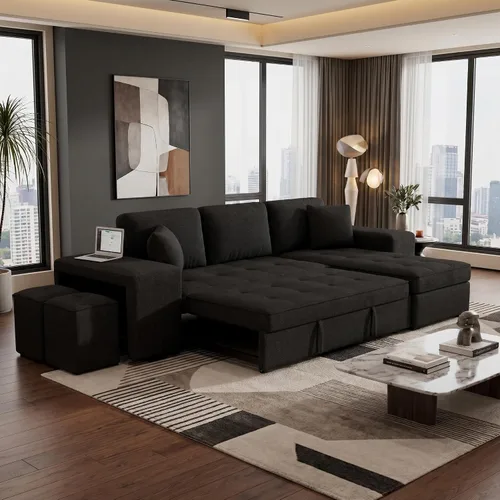Vista 3 de Eafurn 104.5" Reversible Sleeper Sectional Sofa Bed, Tufted L Shaped Convertible Pull Out Sectional Sofa Bed with Storage Chaise Lounge and 2 Stools