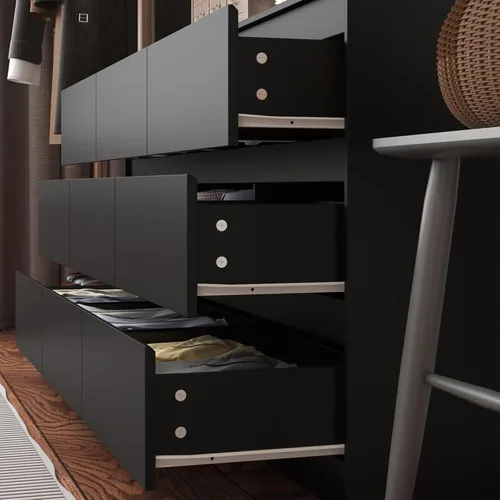 Vista 4 de Cómoda de 9 cajones para dormitorio con cajones profundos, cómodas grandes de piso de madera y cajoneras sin manijas, cómodas largas negras modernas