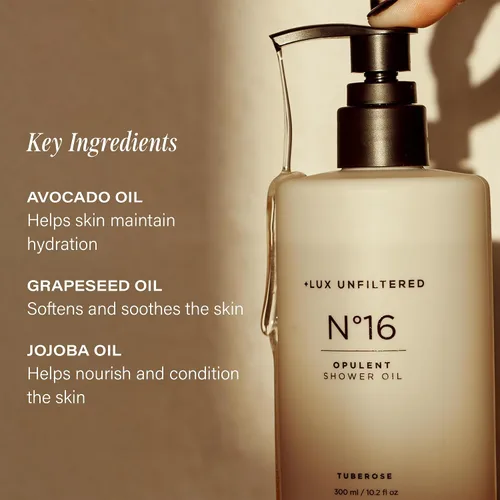 Vista 2 de + Lux Unfiltered Aceite de ducha Opulent N°16 - Gel de baño en tuberosa - Aceite limpiador de cuerpo completo con jojoba, avacado y semilla de uva