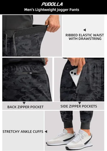 Vista 4 de Pudolla Pantalones deportivos para hombre con bolsillos con cremallera, pantalones deportivos ligeros para entrenamiento, gimnasio, correr, golf