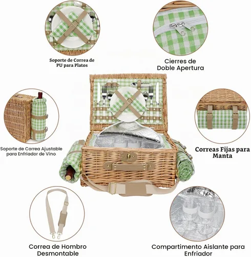 Vista 4 de Cesta de picnic para 2, cestas de picnic aisladas de sauce con correa para el hombro, canasta de picnic con manta de picnic impermeable, cesta