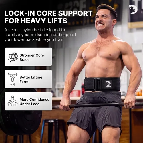 Vista 3 de DMoose Fitness Cinturón de levantamiento de pesas con bloqueo automático para hombres y mujeres, cinturón de nailon de 4 pulgadas para sentadillas