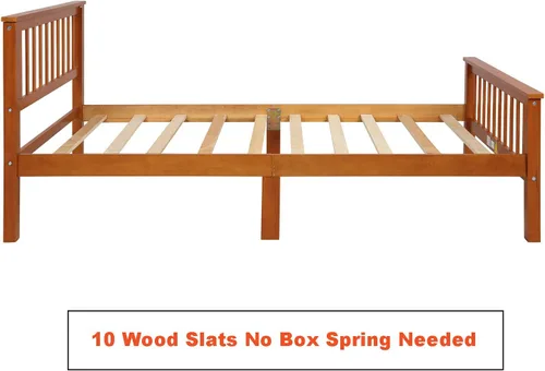 Vista 5 de Base de cama individual de madera de pino, cama de plataforma con cabecero, listones de madera maciza, rieles laterales de estribo, 6 patas