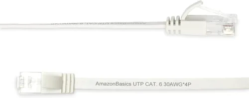 Vista 2 de Amazon Basics Cable plano Ethernet RJ45 Cat 6 de 10 Gbps de 100 pies, para exteriores e interiores, color blanco, con clips para router, módem