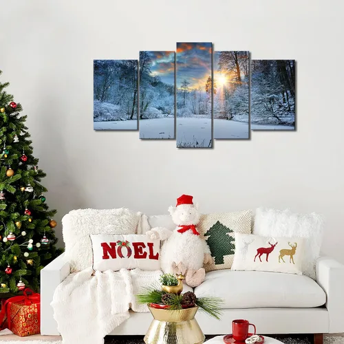 Vista 3 de Arte de pared de invierno, campo de nieve, lienzo moderno, pintura en lienzo de invierno, nieve, bosque, árbol, amanecer, puesta de sol, paisaje