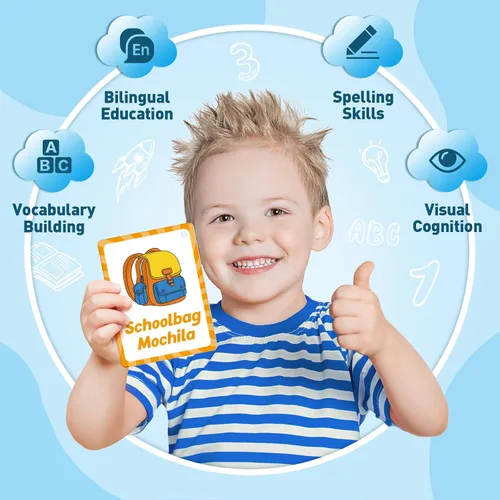 Vista 5 de Edulok Tarjetas flash bilingües: español a inglés, primeras palabras y tarjetas flash del alfabeto para niños pequeños que aprenden español e inglés