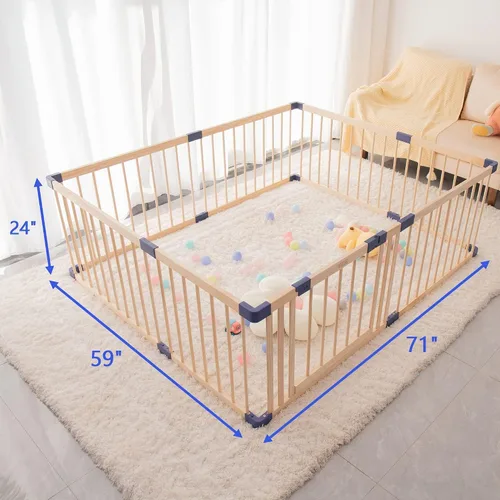 Vista 5 de Corralito de madera para bebés, parque infantil de madera maciza de 59 x 71 pulgadas, área de juego con valla para bebés con puerta de seguridad