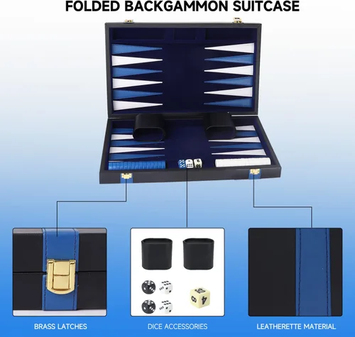 Vista 2 de GSE Games & Sports Expert - Juego de mesa de backgammon de piel (tamaño pequeño/mediano/grande) Premium Leather, Travel Folding Board, Classic