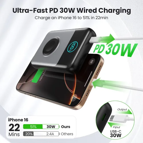 Vista 2 de Cargador portátil magnético para iPhone, Banco de energía inalámbrico Qi2 de 10800mAh y 15W con cargador para iWatch, Paquete de batería de viaje