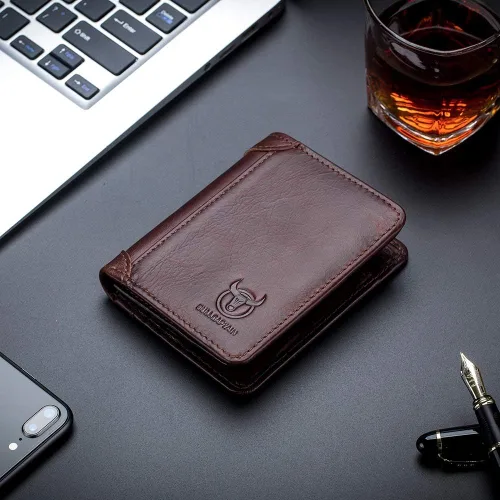 Vista 4 de BULLCAPTAIN 2 ID Windows Slim Mens carteras RFID bloqueo cuero genuino cartera QB031