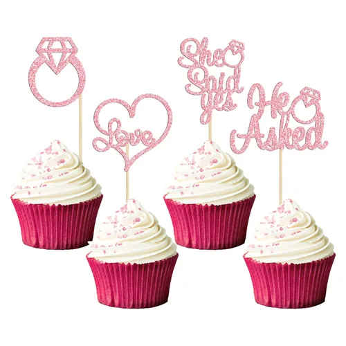 Vista 12 de Gyufise Paquete de 24 adornos para cupcakes con purpurina negra con la frase "He Asked She Said Yes" para cupcakes, anillos de corazón con purpurina