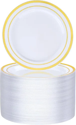 Vista 7 de BESTVIP 50 platos de plástico dorado transparente de 7 pulgadas, platos desechables para ensalada y postre con borde dorado para Navidad, Acción