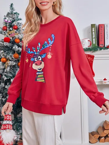 Vista 4 de Fisoew Sudaderas de Navidad de gran tamaño para mujer, manga larga, cuello redondo, estampado de reno, divertido y lindo suéter