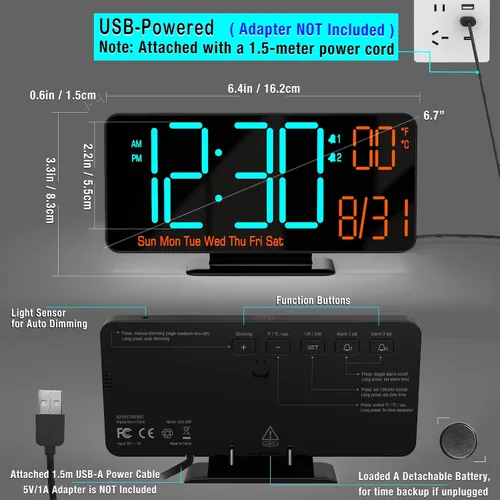 Vista 5 de KOSUMOSU Relojes despertadores para dormitorios, 6.7 pulgadas, pequeño reloj digital negro, LED, reloj despertador de escritorio con atenuación