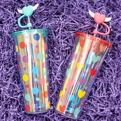 Vista 7 de bzyoo Vaso SIP de 24 oz con Tapa de Popote en Forma de Corazón con Alas – Vaso Iridiscente de Diseño Lindo DotDot, Taza Libre de BPA con Tapa