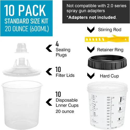 Vista 3 de Kit de vaso mezclador de pintura desechable para pistola de pintura automotriz, 10 piezas, 20 onzas, 10 forros, 10 tapas, 1 taza dura, 4 tapones