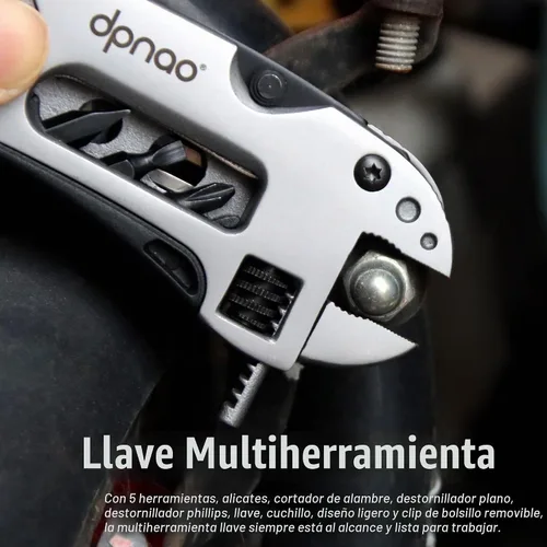 Vista 4 de Llave multiherramienta ajustable, herramienta de bolsillo multifuncional de acero inoxidable 5 en 1, llave de cruz, destornillador, alicates