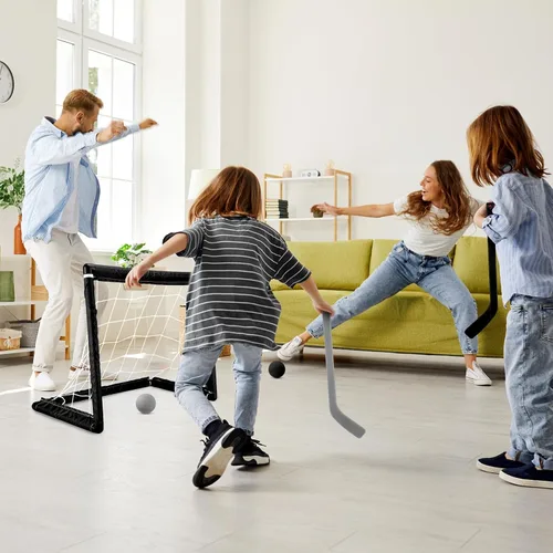 Vista 6 de Leyndo Juego de 2 juegos de mini hockey para niños, incluye 2 redes de hockey, 2 mini portería de hockey, 4 mini palos de hockey de plástico, 4