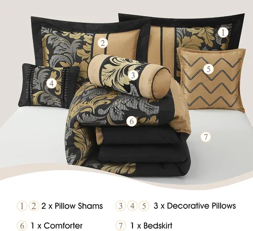 Vista 3 de Stratford Park Juego de ropa de cama de 7 piezas con diseño de hojas, color negro, tamaño Queen, diseño jacquard, para todas las estaciones, falda