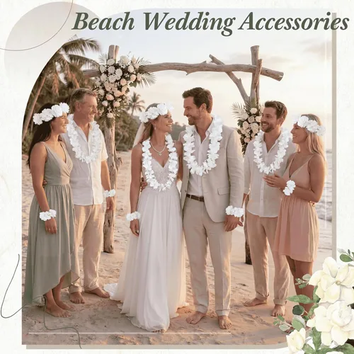 Vista 4 de Hanaive 48 piezas de flores hawaianas blancas Lei para boda a granel floral tropical Luau collar playa guirnalda hawaiana collar pulseras diadema