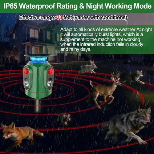 Vista 2 de Repelente ultrasónico de animales para exteriores – Repelente de gatos para exteriores y disuasorio de ciervos con sensor PIR, alimentado por