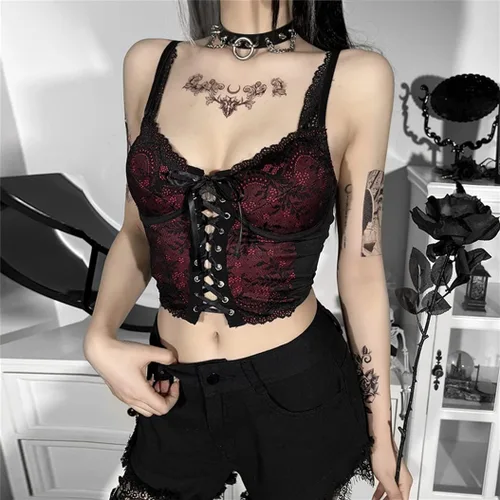 Vista 16 de Camisetas sin mangas góticas para mujer, camisola gótica Y2k