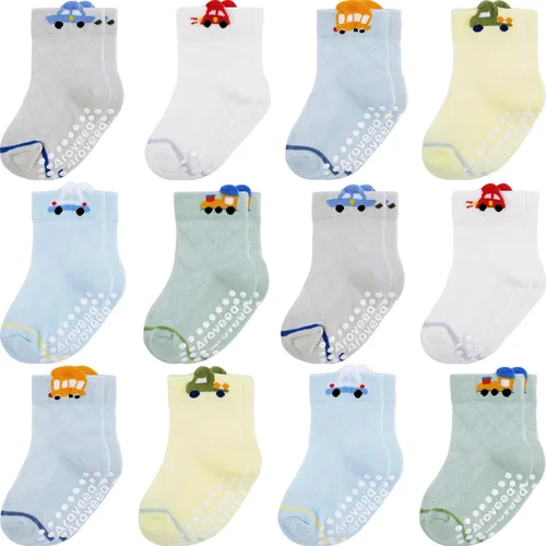 Vista 7 de Calcetines antideslizantes con agarre para tobillos, paquete de 12 unidades para niños pequeños, niños y niñas, lindos calcetines de algodón