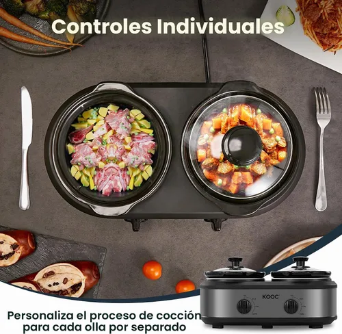 Vista 4 de KOOC Olla de cocción lenta doble pequeña, servidor de buffet y calentador, 2 ollas mini con 3 temperaturas ajustables individuales, ollas cerámicas
