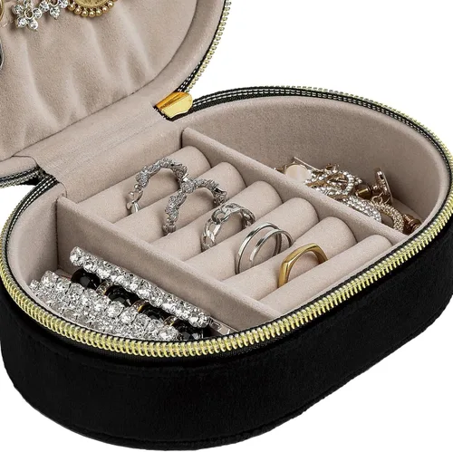 Vista 5 de Changsuo Joyero de terciopelo de felpa para viajes, pequeño joyero para mujeres, organizador de viaje de joyería (ébano)