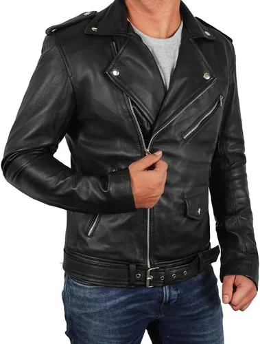 Vista 3 de SpazeUp Chaqueta de cuero negro para hombre - Asimétrico Brando Style Casual Chaqueta de cuero real para hombre