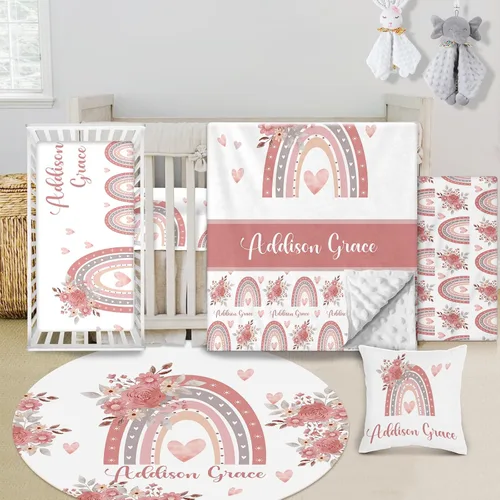 Vista 9 de Juego de ropa de cama personalizado para cuna de bebé, juego de 5 piezas para cuna de bebé, diseños de arcoíris, manta con nombre personalizado