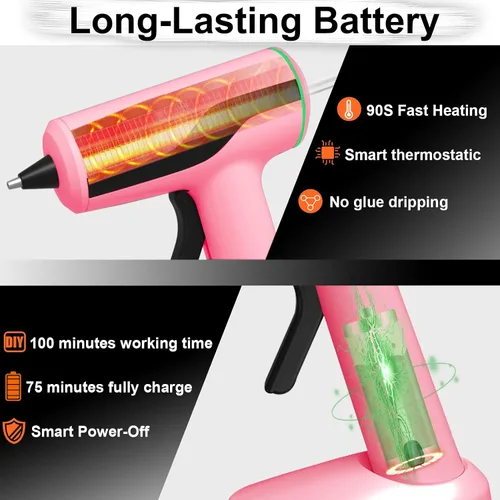 Vista 3 de Kit de pistola de pegamento caliente inalámbrica MONVICT, pistola de pegamento rosa mini recargable USB-C con 40 piezas de barras de pegamento