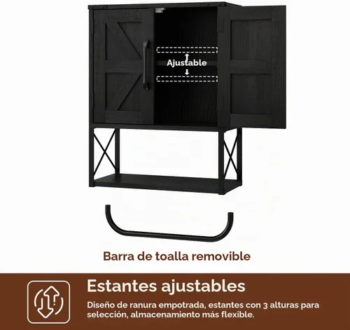 Vista 7 de RUSTOWN - Gabinete rústico de granja con dos puertas de granero, gabinete de almacenamiento de madera montado en la pared con estante ajustable